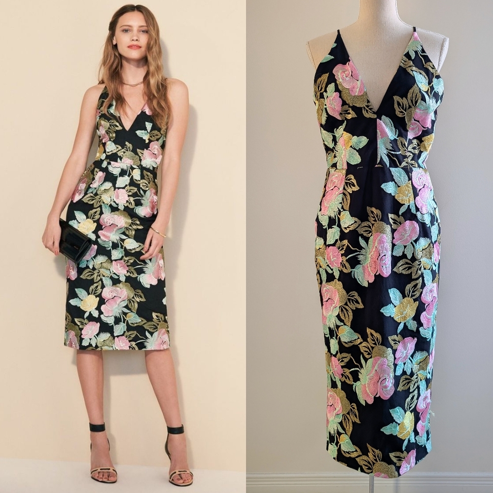 Dress The Population Mariah Floral V-Neck Floral Rose Embroidered Midi Dress